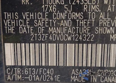 2012 Toyota Rav4 from USA, damaged, VIN 2T3ZF4DV0CW124322